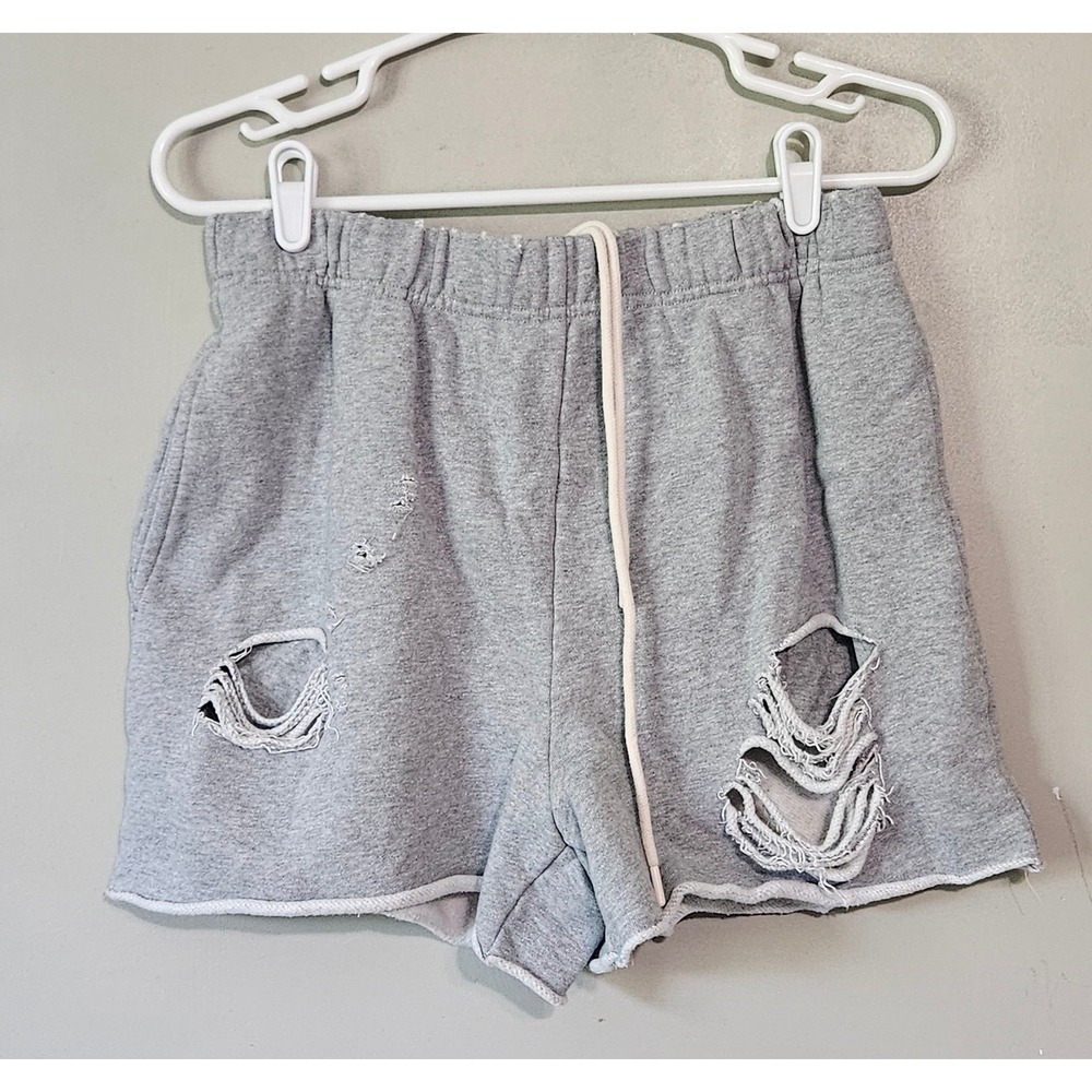 Good American Distressed Sweat Shorts Heather Grey Elastic Cotton Fleece Size 2